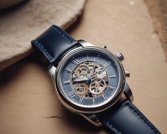 A close-up of a luxury wristwatch with a black dial featuring silver hour markers and hands. The watch has a visible mechanism, showcasing its automatic movement. Brand name is visible on the upper part of the dial, with a small sub-dial displaying seconds at the bottom.