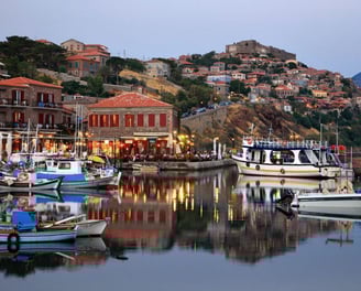 A view of Mithymna with the medieval castle of Molyvos. 