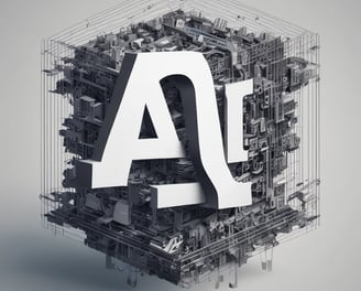 Large blue letters 'AI' stand prominently on a surface covered with a pattern of hexagonal shapes. Dark swirling lines intersect around the letters, creating a sense of motion and complexity. The background has a metallic sheen with a futuristic, digital style.