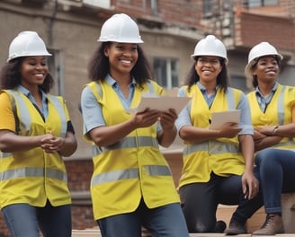 Three construction workers wearing safety gear and hard hats are actively engaged in building activities at a construction site. They are surrounded by metal rebar, wooden planks, and other construction materials.
