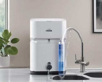 A laboratory setup featuring a water purification system mounted on a tiled wall above a stainless steel double sink. The setup includes two square white units labeled with blue text, and interconnected pipes and blue water filters beneath. A touch screen control panel is installed on the left side with a digital display.