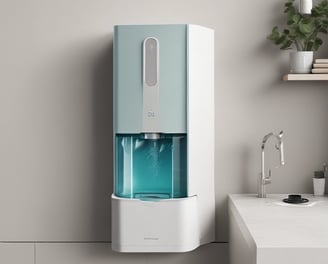 A laboratory setup with a water purification system. The equipment includes a large white reservoir tank and a smaller device with a digital display screen, both labeled with 'Rephile'. There are shelves and power sockets in the background, and various other lab apparatus visible on a counter.