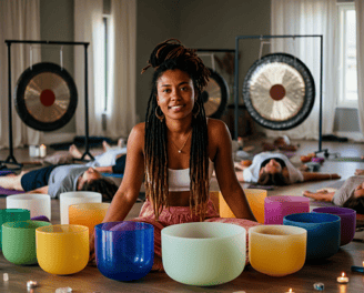 Practitioner with crystal singing bowls and gongs performing group session GMS Grow My Soul