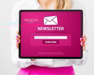 a woman holding a tablet computer and a tablet with a newsletter email