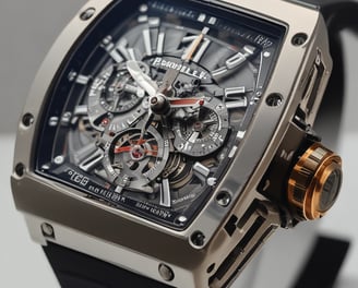 A shiny metallic wristwatch is being held in a hand. The watch face reads 'FIRE COLLECTION' and has a reflective surface. The metal band is composed of linked segments.