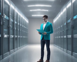 A person stands in a professional setting holding a blue folder. They are wearing a teal blazer over a white shirt and jeans. The background features glass walls and what appears to be a server room with blue lighting, suggesting a technological or business environment.