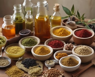 An assortment of traditional herbal ingredients, possibly used in Chinese medicine, arranged on papers with writing. A brass tray holds various plant materials next to a white mortar and pestle. A chopstick-style tool with colorful tassels is also present.