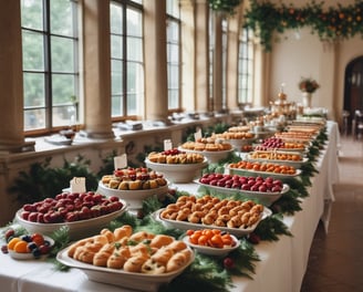 An elegantly decorated event hall with neatly arranged round tables covered in pastel-colored tablecloths and white chairs. A red carpet leads down the center aisle. The space is well-lit with chandeliers and spotlights, and floral centerpieces adorn each table.