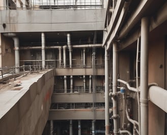 An industrial setting with machinery, visible ductwork, and metal equipment. Pipes and cables are interconnected, and some components are wrapped in protective material. The ceiling features a grid of lights and HVAC ducts.
