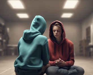 a woman sitting on a couch talking to another woman