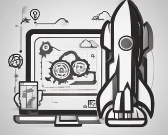 A 3D illustration featuring a web browser interface with the word SEO, various charts and graphs, a pie chart, and a rocket launching from the top of the window. The background is dark with scattered white dots, resembling a starry sky.