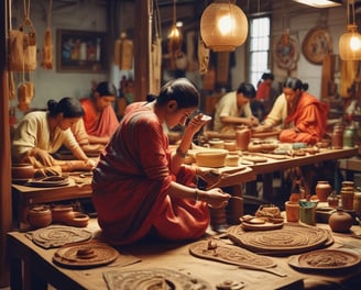 A bustling indoor market scene with many people engaged in buying and selling activities. There are stacks of packaged goods and containers around, and vendors are interacting with customers. The structure suggests a large warehouse with numbered sections on the pillars.