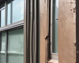 Two adjacent windows are set into a weathered, deteriorating wall. The left window is framed by fading yellow stucco, with visible cracks and exposed bricks. The right window is surrounded by peeling grey plaster, revealing the red bricks beneath. Both windows are barred with metal grids.