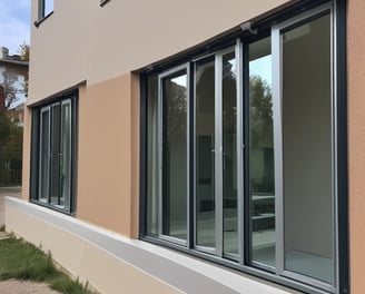 A double-pane window with a brown frame is installed in a light-colored wall. The panes are slightly dirty and show reflections and diagonal patterns. Behind the window, white fabric drapes hang in folds. An electrical wire runs across the top corner of the wall, casting a shadow.