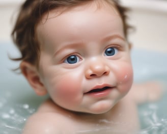 A baby is being bathed, surrounded by soothing water and gentle hands. The baby's expression is calm and curious, with big, open eyes looking upwards. Soft lighting enhances the tranquility of the scene.