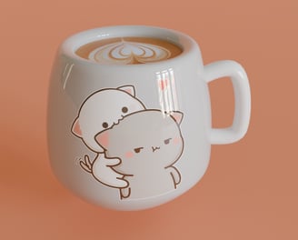 A 3D-rendered coffee mug with a cute cartoon cat design, featuring a glossy ceramic finish.