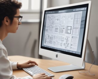 An arrangement of technology and design-related items on a white surface. Includes a laptop with the Apple logo, a smartphone displaying a design app interface, a black t-shirt featuring the phrase 'Design Makes Everything Possible', a mug with a similar design-themed phrase, a keyboard, and a saucer with a coffee cup. Various stickers and a black notebook are also present.