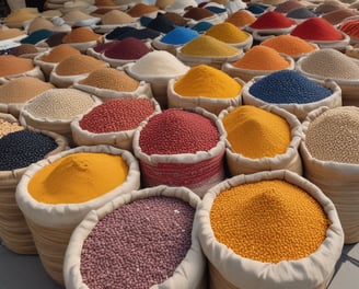 Various sacks filled with different types of grains and legumes are displayed at a marketplace. Each sack is labeled with a price tag indicating the cost per kilogram. The assortment includes lentils, beans, and seeds in a variety of colors and textures.