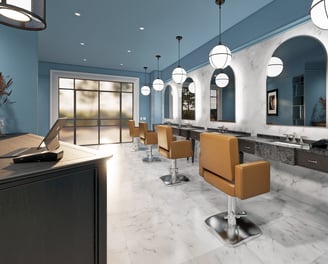 Luxury barbershop fit-out: deep blue walls, white marble floors, custom timber furniture, and lights