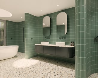 Organic minimalist en-suite: curved hunter green KitKat-tiled walls, freestanding tub, wet zones