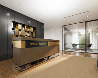 Prestigious law firm fit-out: custom reception shelving, glazed meeting room, refined private office