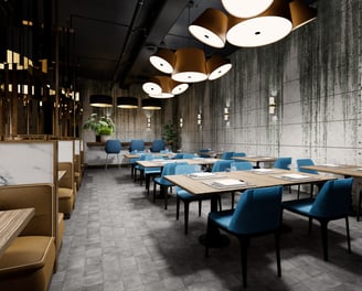 Moody French brasserie: raw concrete, veined marble, and gilded brass under constellation chandelier
