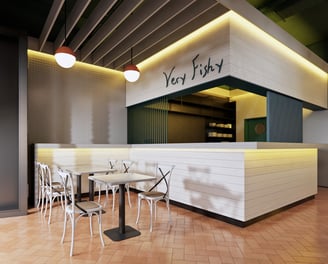 Very Fishy seafood restaurant: nautical-industrial design with LED bobber lights, repurposed oars