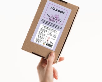 hand holding craft box with colored home scent label
