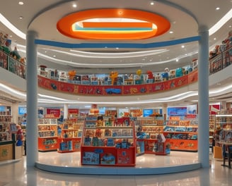 A brightly lit luxury store interior, featuring sleek, curving architecture and glossy surfaces. The walls have a reflective quality with patterned designs, and there are prominent brand logos displayed on the exterior. The color palette consists of warm gold tones complemented by neutral grays and blacks.