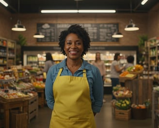 woman standing in front of her health food store