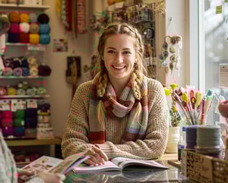 shopkeeper behind counter of yarn supply store