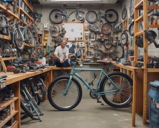 A workshop with multiple motorcycles, including a prominent silver BMW motorcycle in the foreground. The space is organized with tools and equipment along the walls and workbenches.