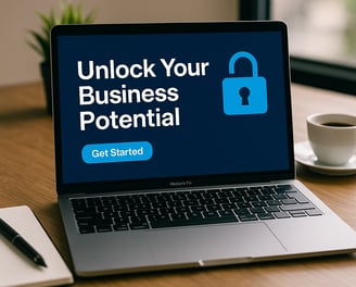 a laptop computer sitting on a desk with wording unlock your business potential