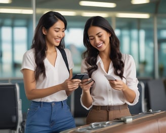 two women are standing in front of luggage