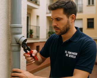 Un fontanero arreglando una bajante en un patio de Sevilla