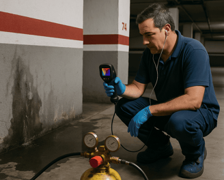 Trabajador de El Fontanero de Sevilla con una cámara termográfica para localizar fuga en Nervión.