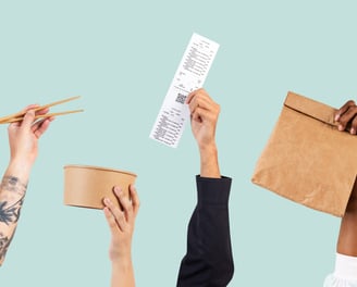 Takeout receipt, food bag, and chopsticks, symbolizing takeaway convenience.