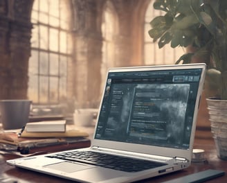 A laptop displaying the words 'Building Websites' rests on a small wooden table with black and white legs. Next to the laptop is a black mug placed on a coaster. The setting includes a brown leather sofa in the background and a patterned carpeted floor.