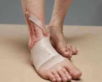 A close-up view of two feet with wounds on top, displaying streaks of blood emanating from the injuries. The feet lie on a fabric surface in a dimly lit environment, possibly simulated or artificial in appearance.
