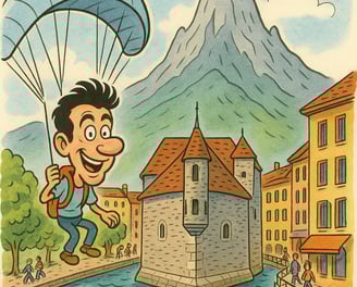Caricature d'Annecy avec une vue sur la prison et les montagnes