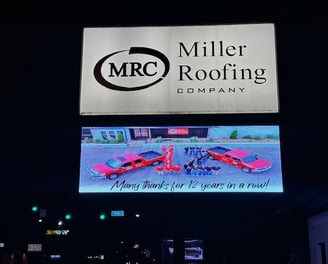 Outdoor digital business sign for Miller Roofing showing custom LED graphics installed by PXLLED.