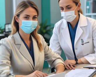 A dental professional wearing a face mask examines a product brochure. The background contains various dental care products including mouthwash and toothpaste packaging placed on a counter. The setting appears to be a dental clinic with a dental chair visible.