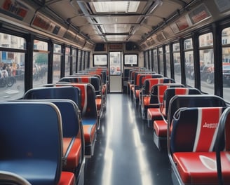 A bus traveling along a street with passengers visible through the windows. An advertisement is prominently displayed on the side of the bus featuring a smiling woman holding beauty products. The bus is parked against a backdrop of lush green trees.