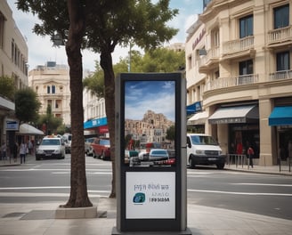 Large, vibrant billboards displaying advertisements and promotions are mounted on the sides of a tall building. Below, a busy urban street is filled with cars and pedestrians, indicating a bustling city atmosphere.