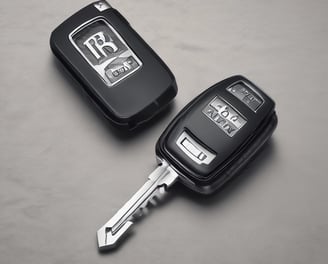 A close-up view of a Mini car key fob inserted in the ignition, with blurred surrounding elements of the car's interior. The key fob has a shiny, red surface with several buttons.