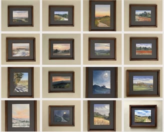 Collection de peintures artistiques encadrées présentant des paysages de la Drôme des collines.