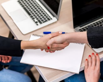 a person shaking hands with a person in a suit