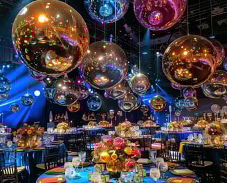 hanging mirror balls colourful decor setup