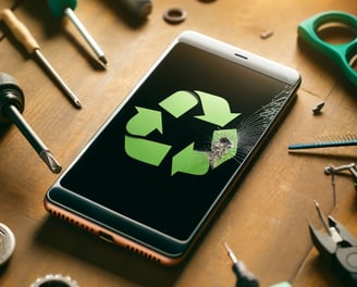 on y voit un téléphone reconditionné lég-rement cassé