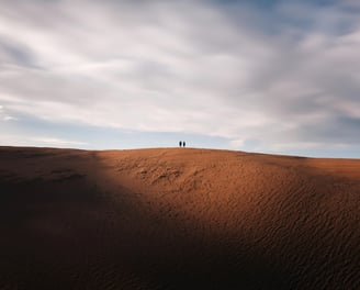 two people standing on top of a large sand dune